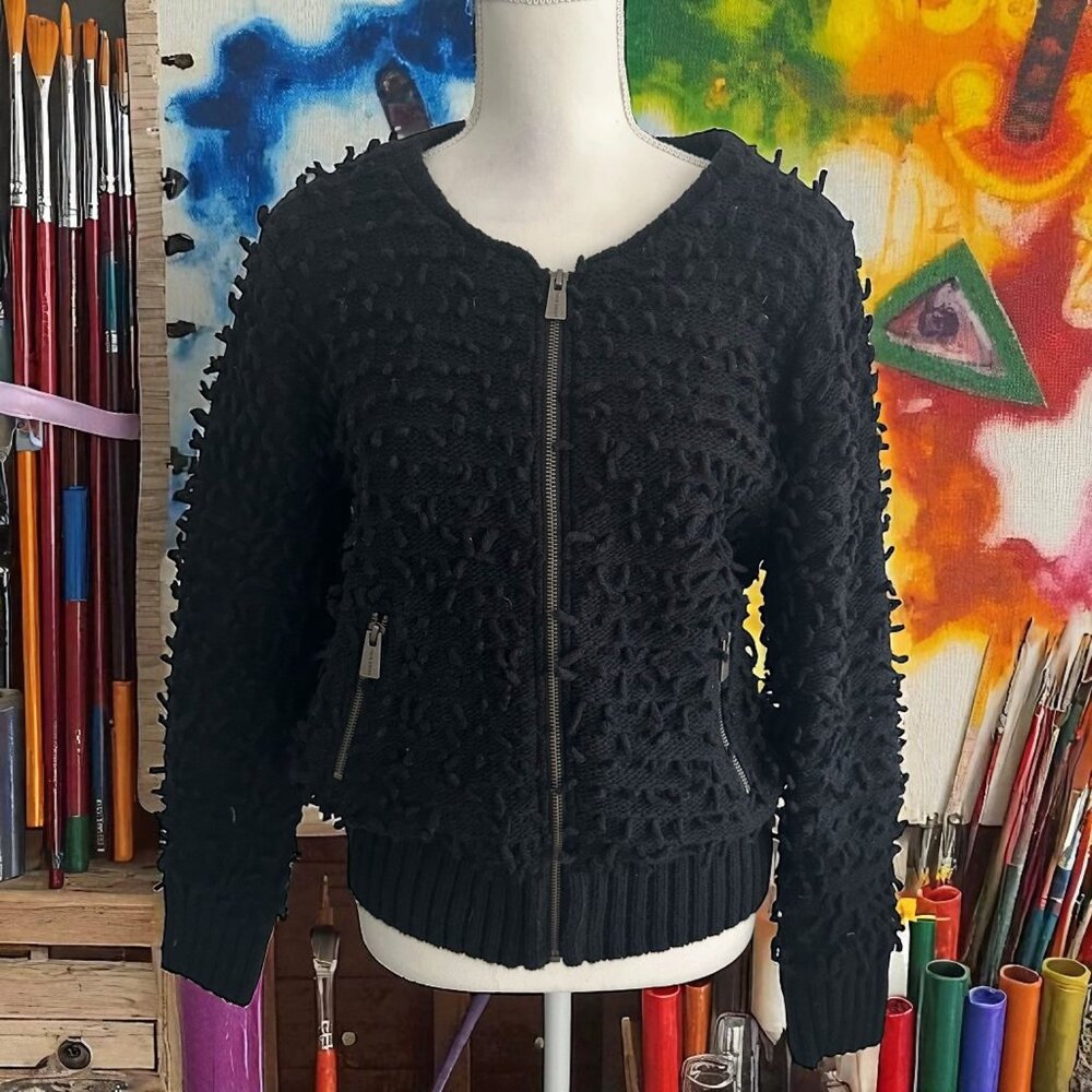 ANINE BING Black Knit Pulled Bomber Style Jacket Coat Size XS